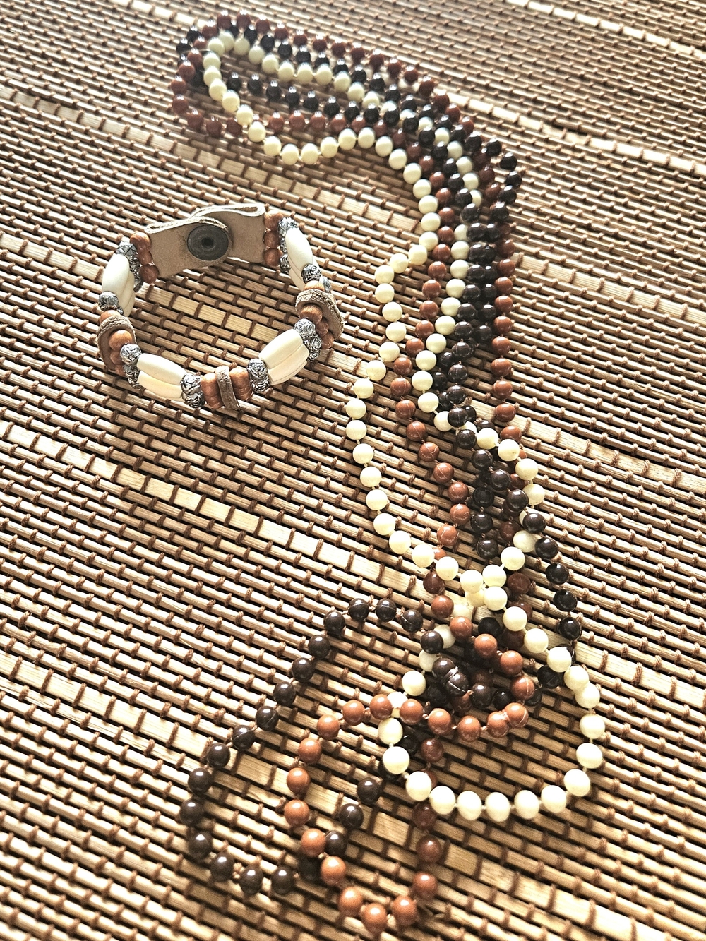 Earth Tone Beaded Necklace and Bracelet Set - Brown & Cream
